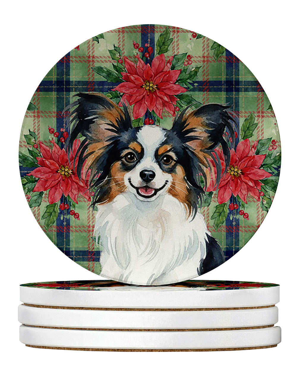 Tricoilor Papillon Christmas PoinsettIas Large Sandstone Coasters Pack of 4 Absorbent Round Coasters Decor Gifts for Men or Women, 4 in, Multicolor