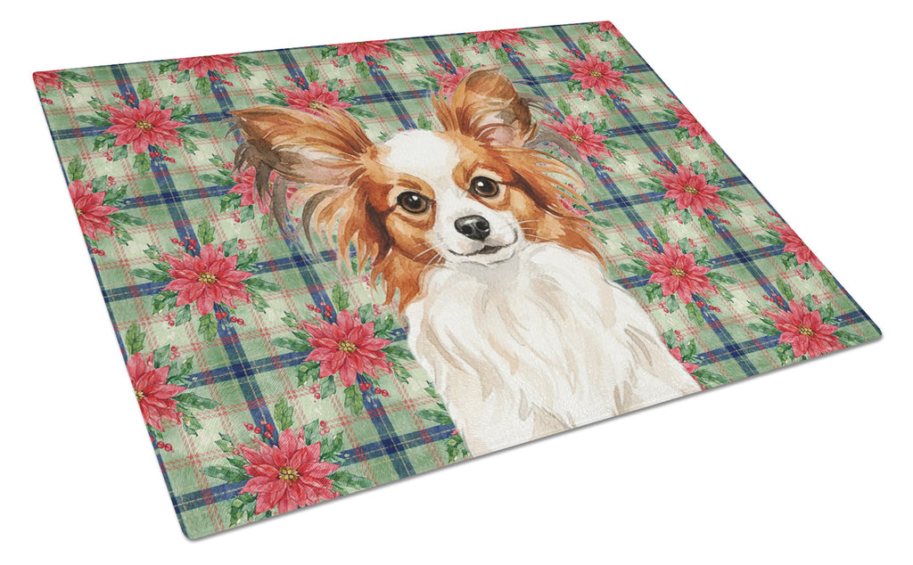 White with Red Papillon Christmas PoinsettIas Cutting Board Tempered Glass Kitchen Cutting Surface, Heat Resistant Chopping, Non-Slip Feet, Food Prep & Serving