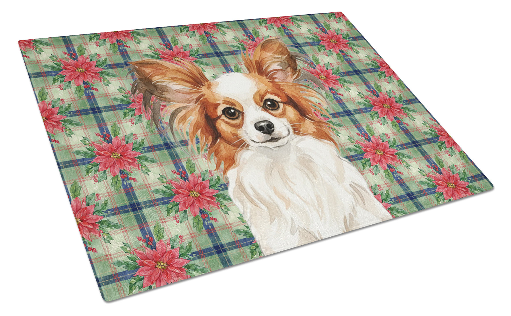 White with Red Papillon Christmas PoinsettIas Cutting Board Tempered Glass Kitchen Cutting Surface, Heat Resistant Chopping, Non-Slip Feet, Food Prep & Serving