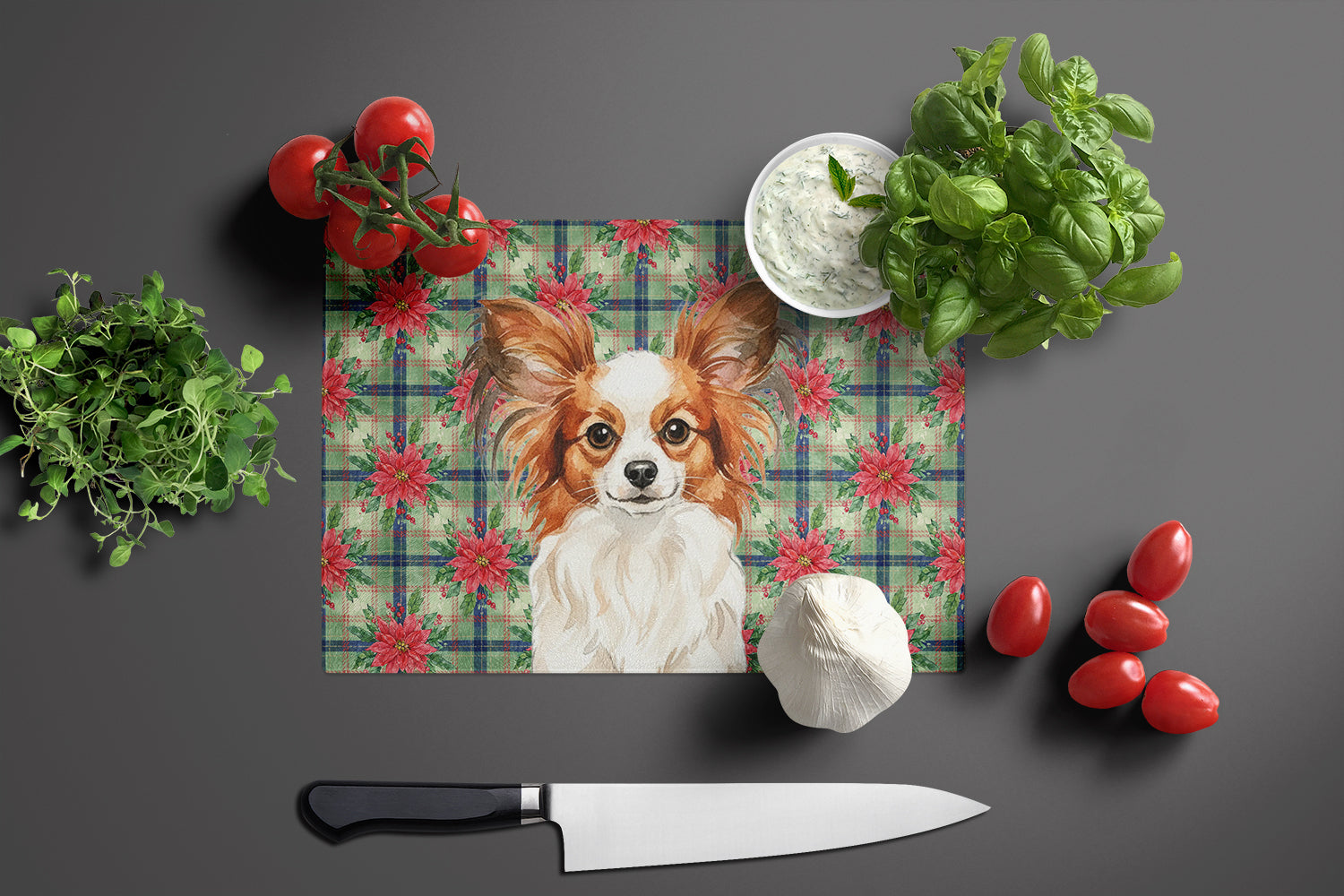 White with Red Papillon Christmas PoinsettIas Cutting Board Tempered Glass Kitchen Cutting Surface, Heat Resistant Chopping, Non-Slip Feet, Food Prep & Serving