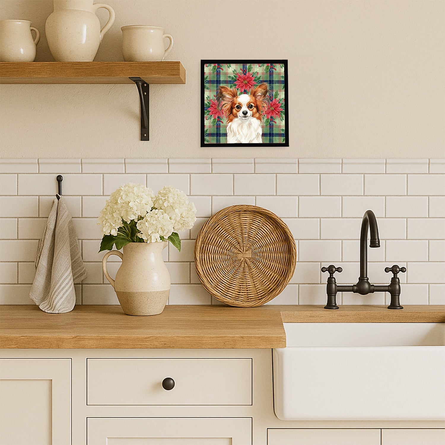 White with Red Papillon Christmas PoinsettIas Framed Metal Print Bathroom, Kitchen, Office, Home Decor Wall Art Ready to Hang, Square, 8X8