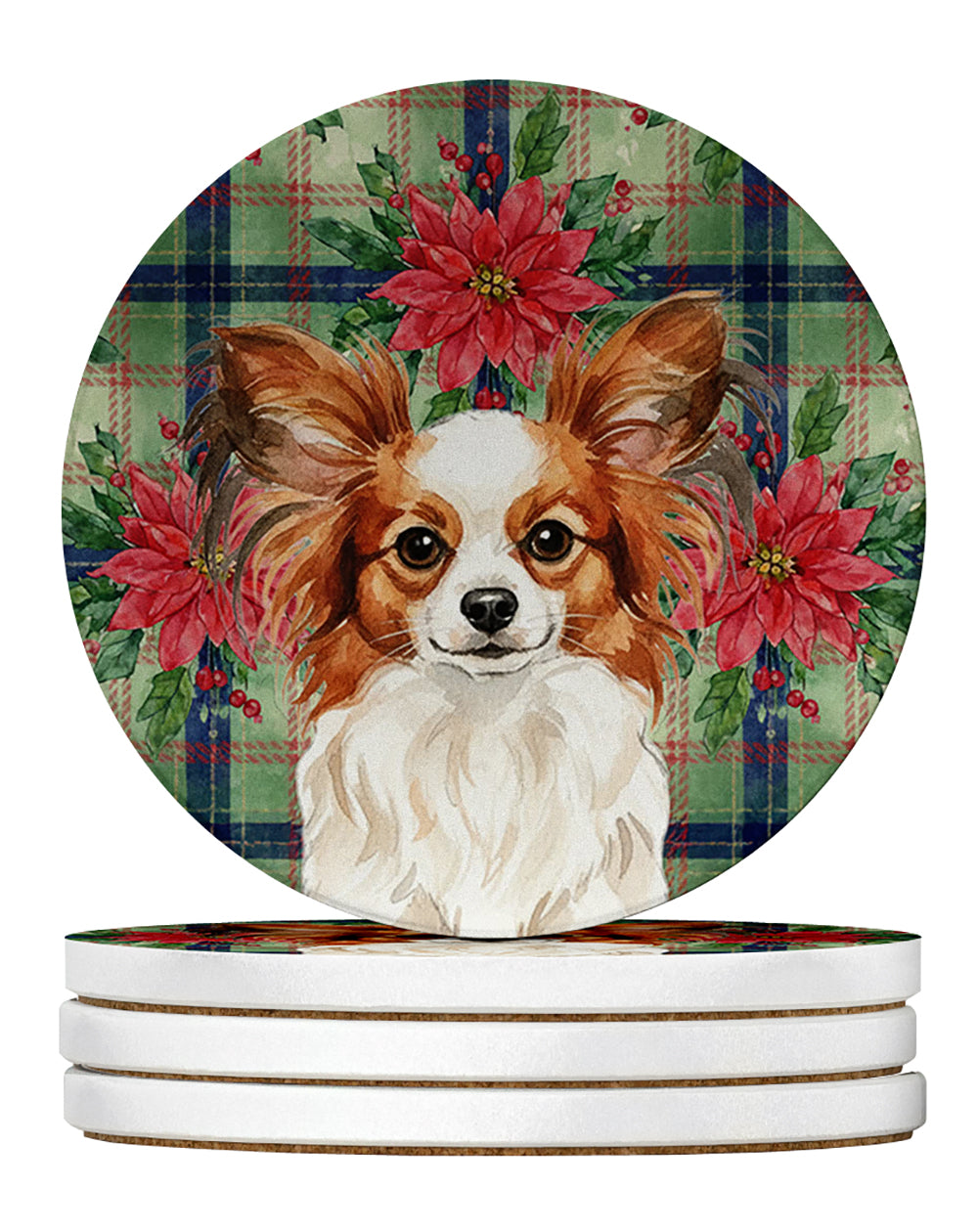 White with Red Papillon Christmas PoinsettIas Large Sandstone Coasters Pack of 4 Absorbent Round Coasters Decor Gifts for Men or Women, 4 in, Multicolor