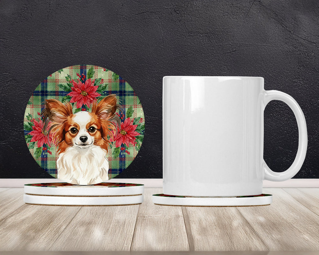 White with Red Papillon Christmas PoinsettIas Large Sandstone Coasters Pack of 4 Absorbent Round Coasters Decor Gifts for Men or Women, 4 in, Multicolor