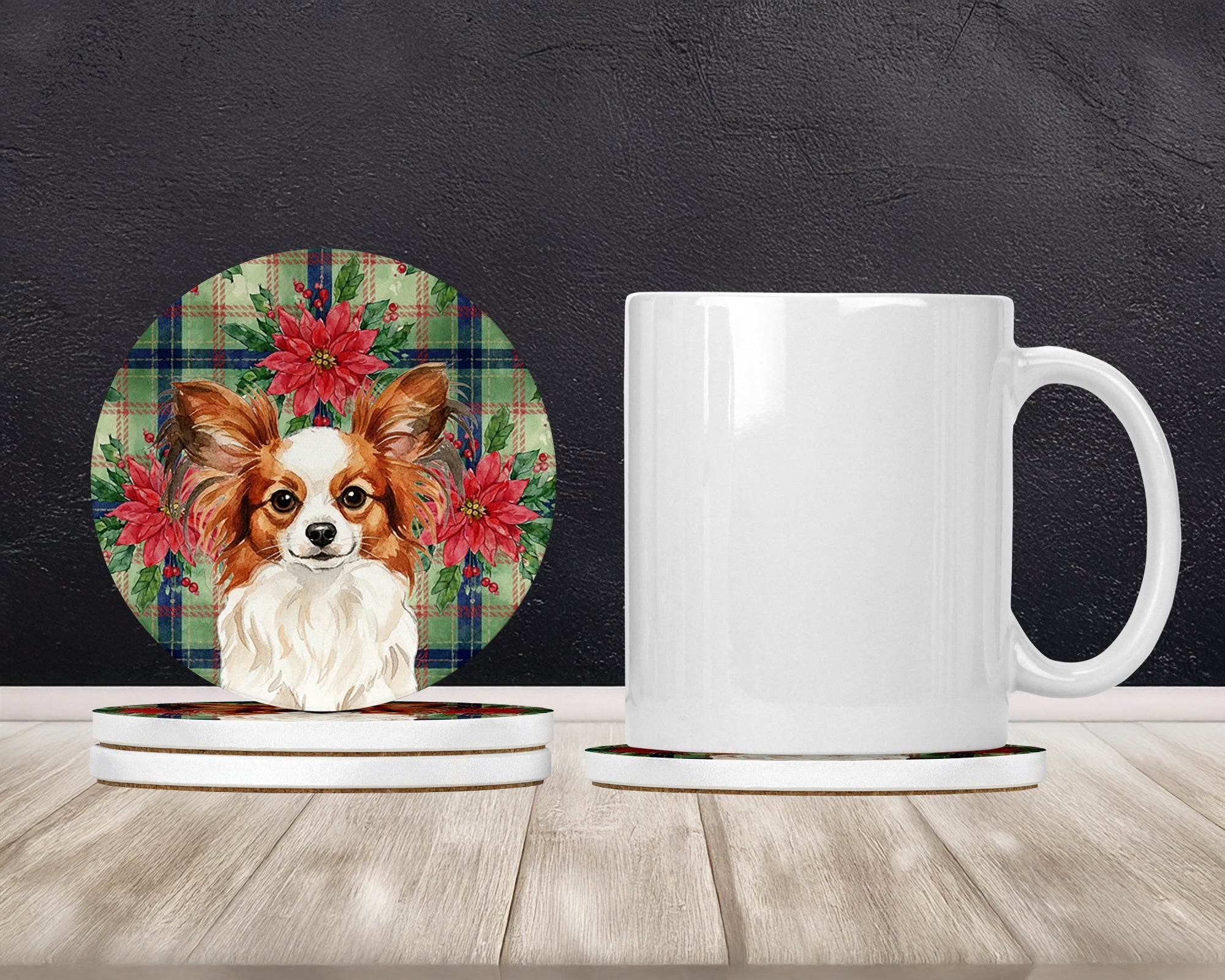 White with Red Papillon Christmas PoinsettIas Large Sandstone Coasters Pack of 4 Absorbent Round Coasters Decor Gifts for Men or Women, 4 in, Multicolor