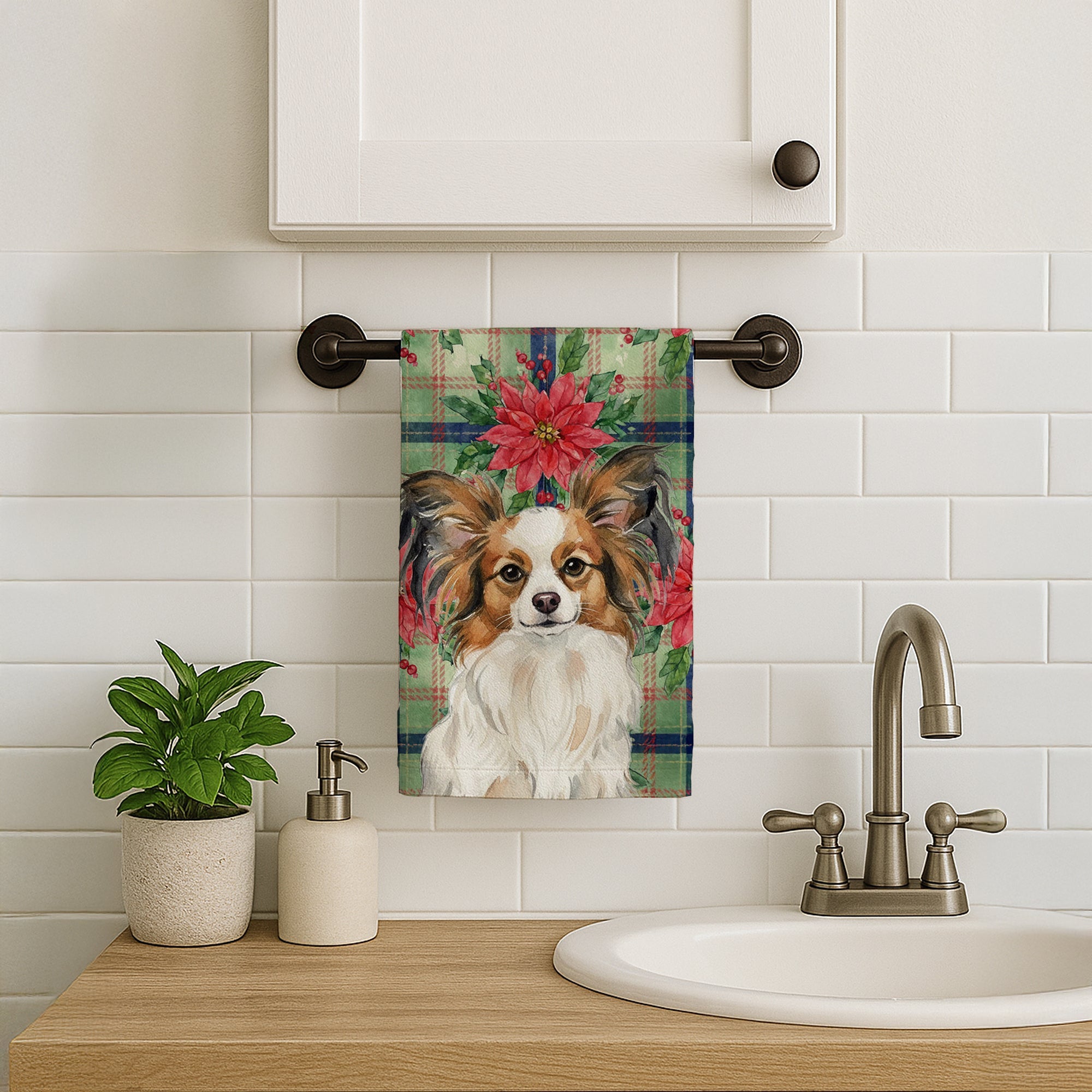 White with Sable Papillon Christmas PoinsettIas Kitchen Towel Velour Plush Front and Cotton Loop Back Machine Washable
