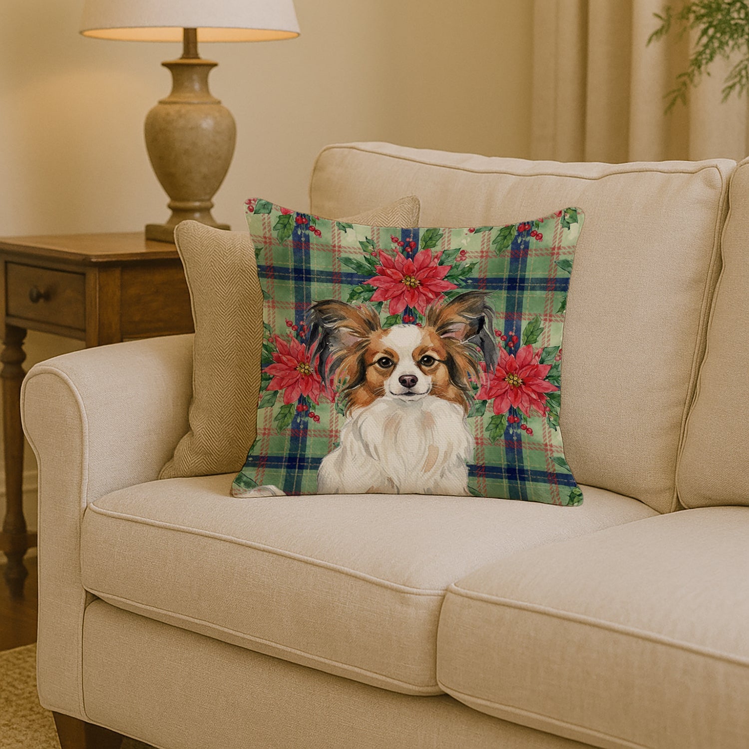 White with Sable Papillon Christmas PoinsettIas Decorative Throw Pillow 14x14 Indoor Outdoor Accent Cushion, Fabric Cover with Insert for Sofa, Bed, Porch & Living Room