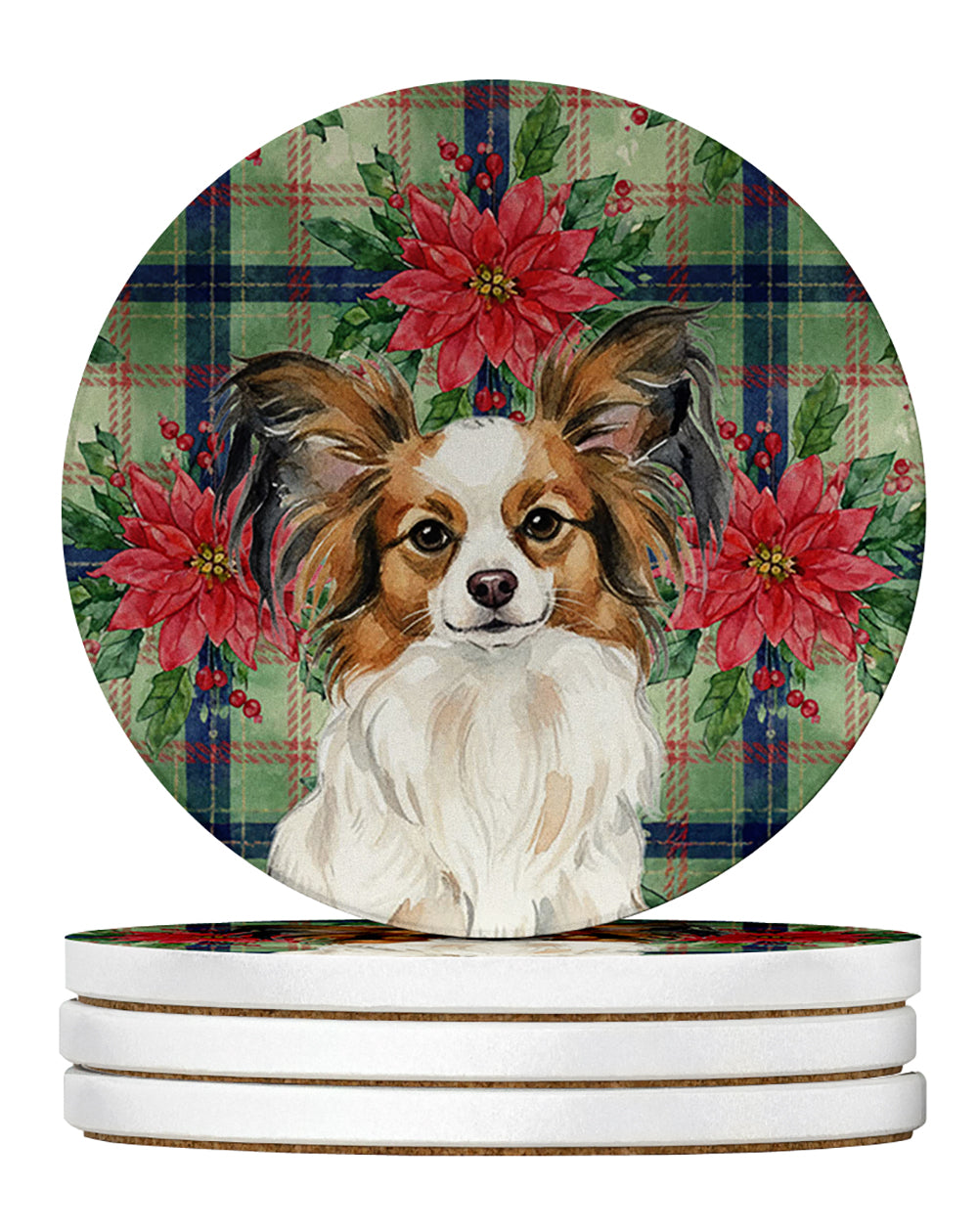 White with Sable Papillon Christmas PoinsettIas Large Sandstone Coasters Pack of 4 Absorbent Round Coasters Decor Gifts for Men or Women, 4 in, Multicolor