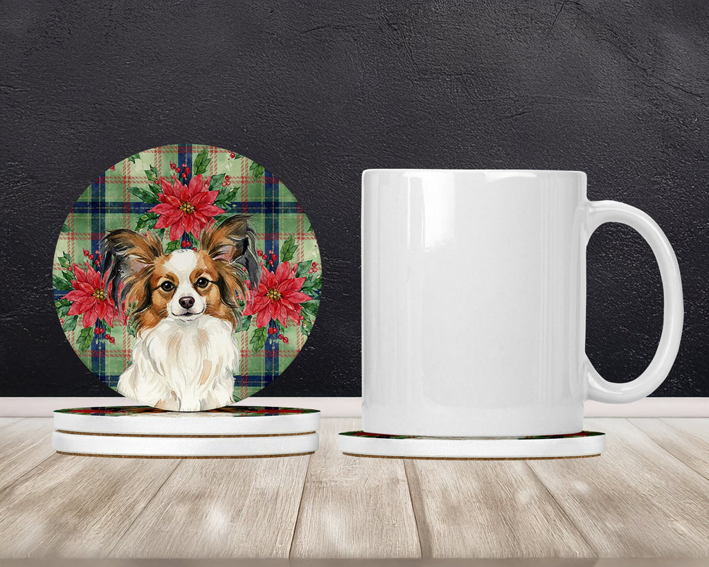 White with Sable Papillon Christmas PoinsettIas Large Sandstone Coasters Pack of 4 Absorbent Round Coasters Decor Gifts for Men or Women, 4 in, Multicolor