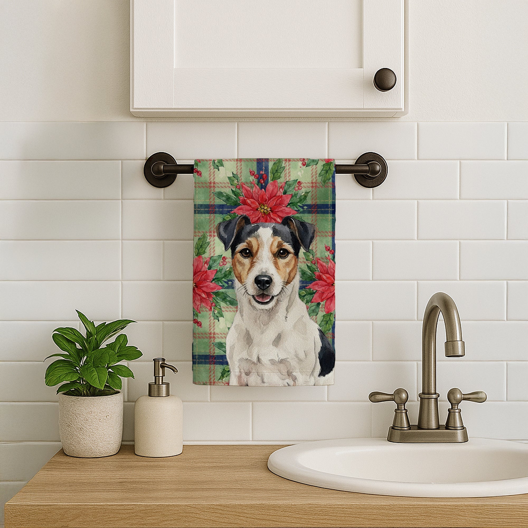 Parson Russell Terrier Christmas PoinsettIas Kitchen Towel Velour Plush Front and Cotton Loop Back Machine Washable