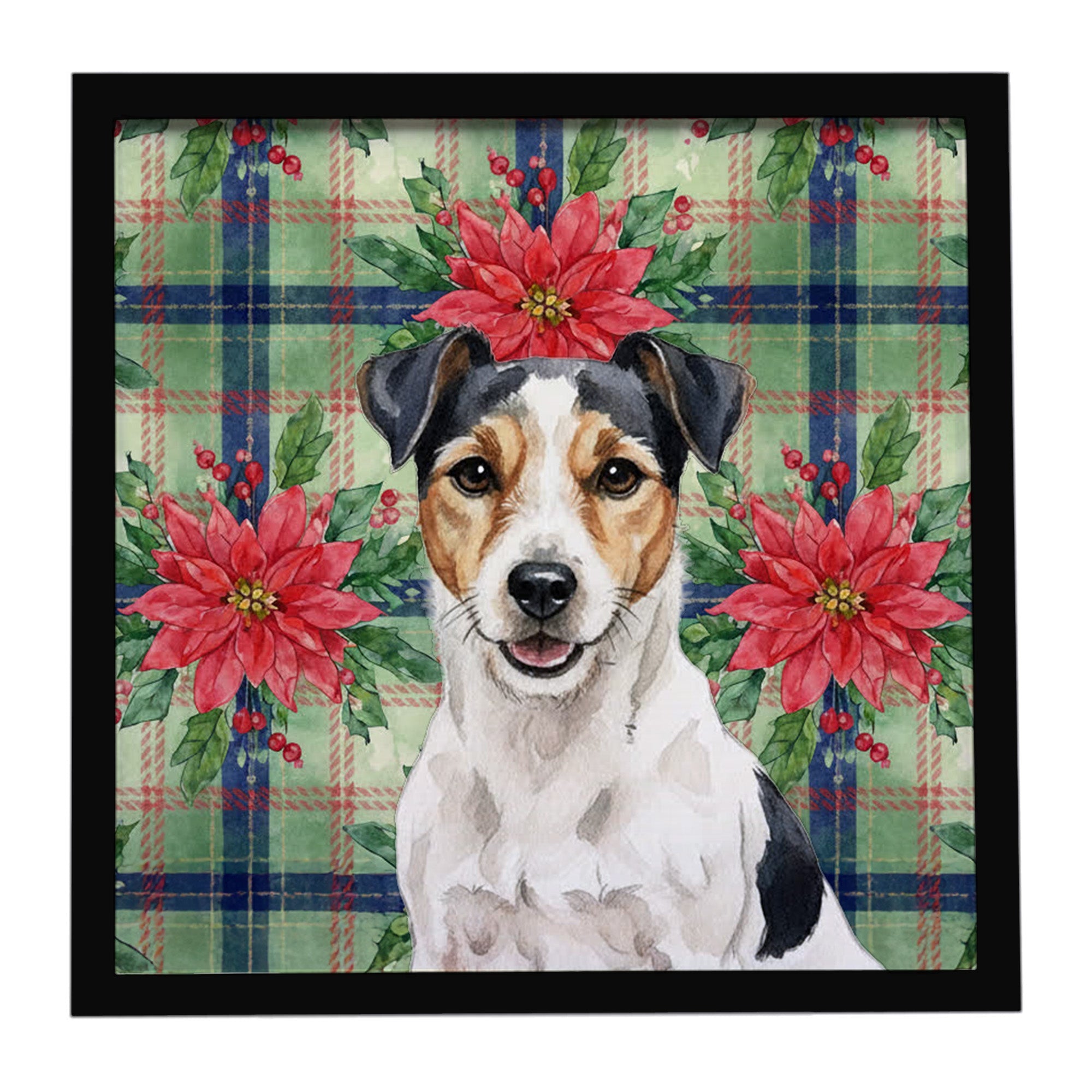 Parson Russell Terrier Christmas PoinsettIas Framed Metal Print Bathroom, Kitchen, Office, Home Decor Wall Art Ready to Hang, Square, 8X8