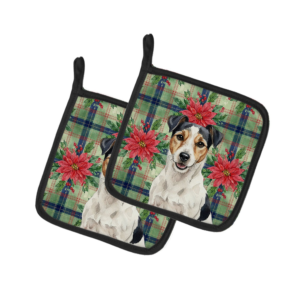 Parson Russell Terrier Christmas PoinsettIas Pot Holder Set of 2 Heat Resistant Quilted Hot Pads 7.5 x 7.5 Inch, Insulated Kitchen Trivets for Cooking & Baking