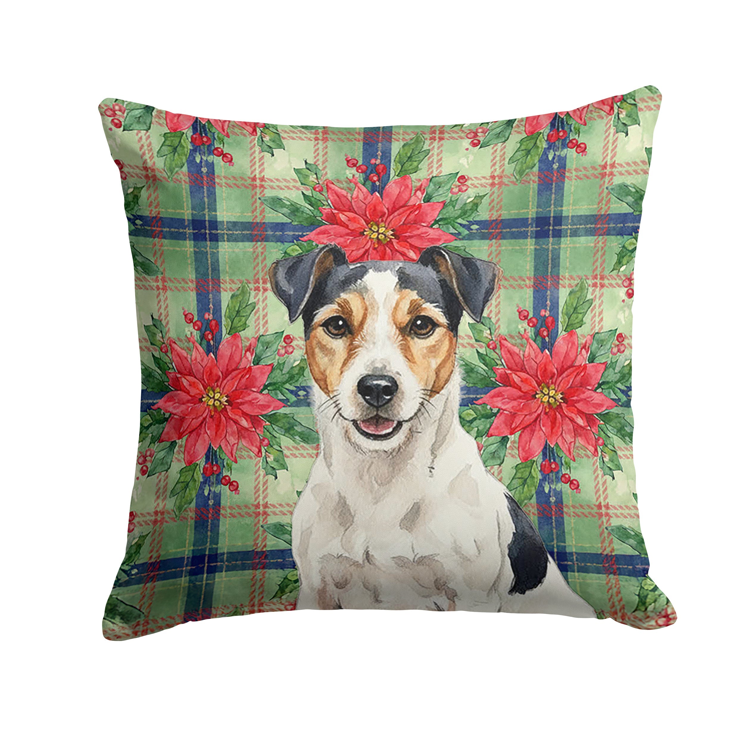 Parson Russell Terrier Christmas PoinsettIas Decorative Throw Pillow 18x18 Indoor Outdoor Accent Cushion, Fabric Cover with Insert for Sofa, Bed, Porch & Living Room