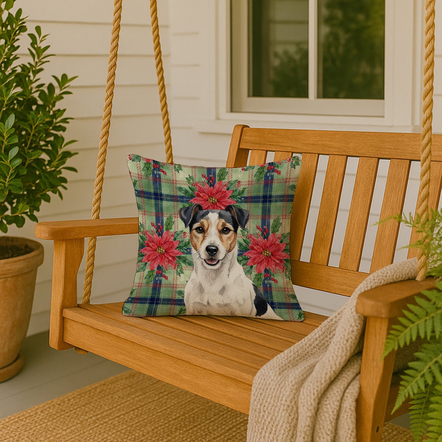 Parson Russell Terrier Christmas PoinsettIas Decorative Throw Pillow 18x18 Indoor Outdoor Accent Cushion, Fabric Cover with Insert for Sofa, Bed, Porch & Living Room