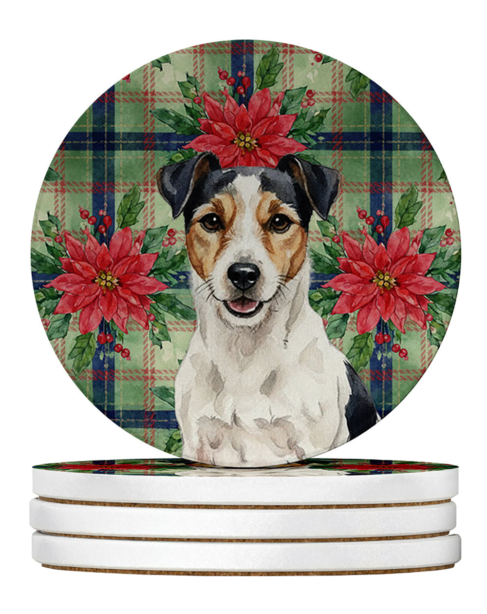Parson Russell Terrier Christmas PoinsettIas Large Sandstone Coasters Pack of 4 Absorbent Round Coasters Decor Gifts for Men or Women, 4 in, Multicolor