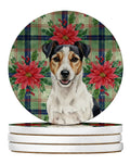 Parson Russell Terrier Christmas PoinsettIas Large Sandstone Coasters Pack of 4 Absorbent Round Coasters Decor Gifts for Men or Women, 4 in, Multicolor