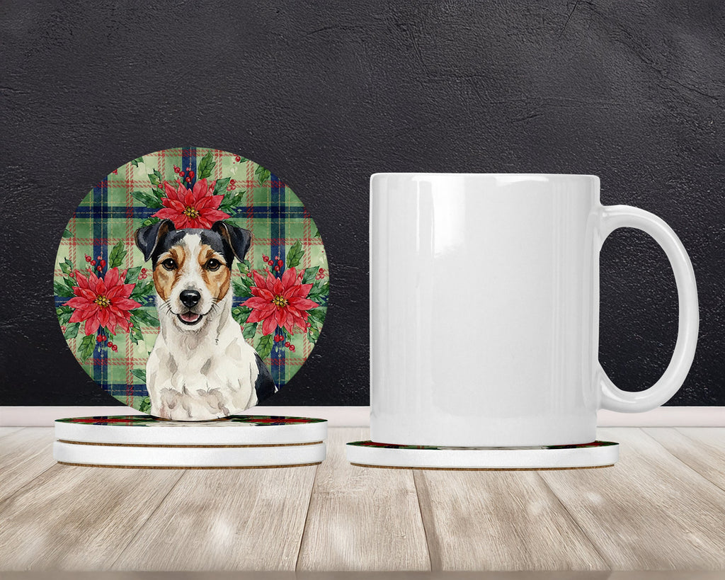 Parson Russell Terrier Christmas PoinsettIas Large Sandstone Coasters Pack of 4 Absorbent Round Coasters Decor Gifts for Men or Women, 4 in, Multicolor