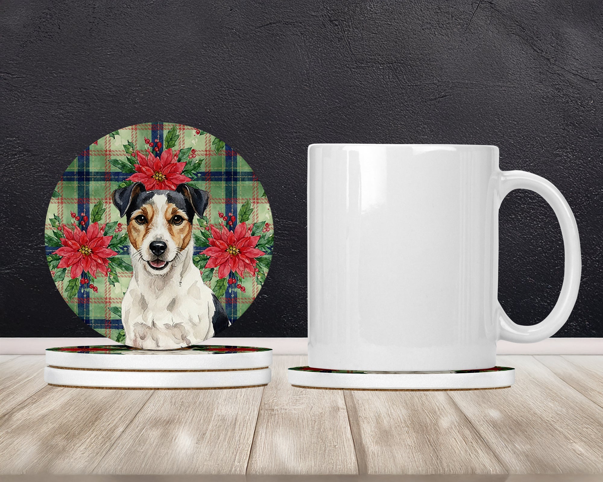 Parson Russell Terrier Christmas PoinsettIas Large Sandstone Coasters Pack of 4 Absorbent Round Coasters Decor Gifts for Men or Women, 4 in, Multicolor