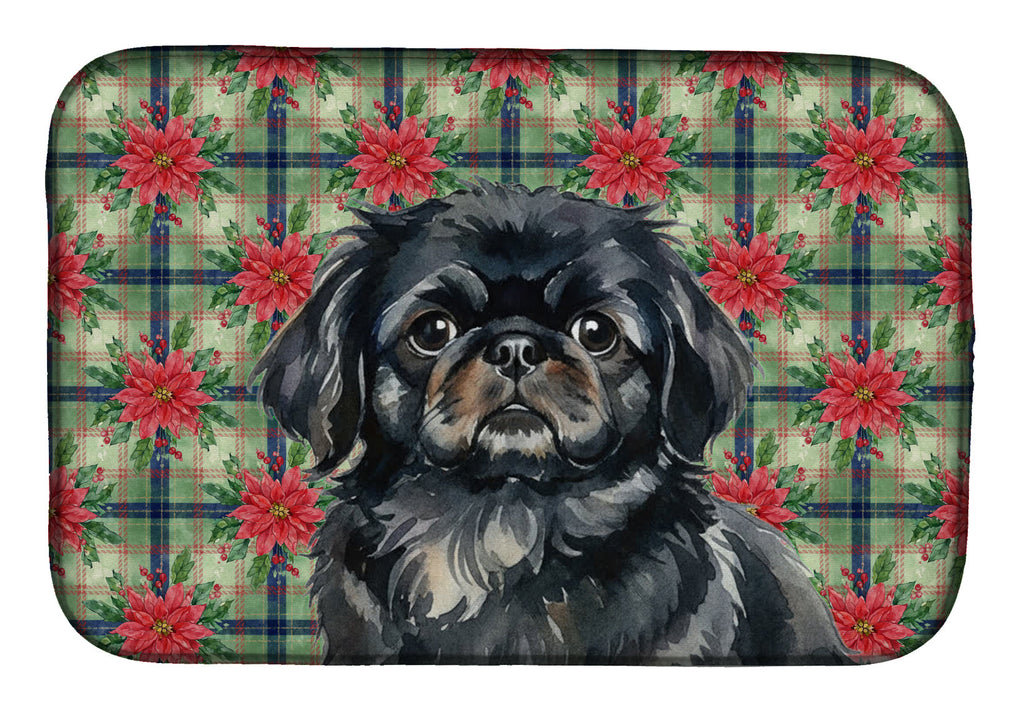 Black Pekingese Christmas PoinsettIas Dish Drying Mat Absorbent Dish Drying Mat Pad for Kitchen Counter Dish Drainer Mat for Countertop, 14 x 21", Multicolor