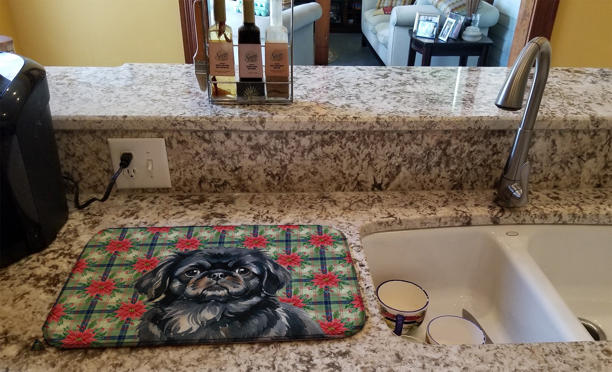 Black Pekingese Christmas PoinsettIas Dish Drying Mat Absorbent Dish Drying Mat Pad for Kitchen Counter Dish Drainer Mat for Countertop, 14 x 21", Multicolor