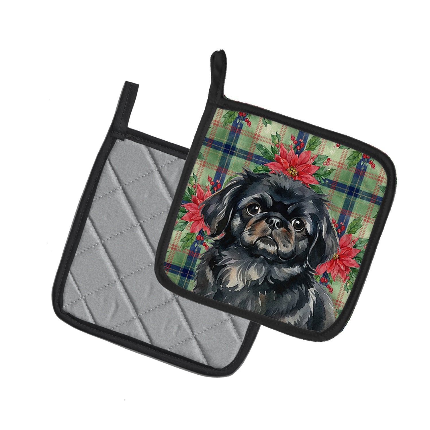 Black Pekingese Christmas PoinsettIas Pot Holder Set of 2 Heat Resistant Quilted Hot Pads 7.5 x 7.5 Inch, Insulated Kitchen Trivets for Cooking & Baking