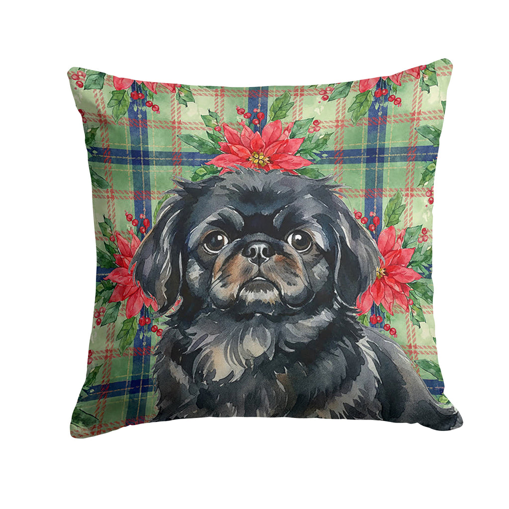 Black Pekingese Christmas PoinsettIas Decorative Throw Pillow 14x14 Indoor Outdoor Accent Cushion, Fabric Cover with Insert for Sofa, Bed, Porch & Living Room