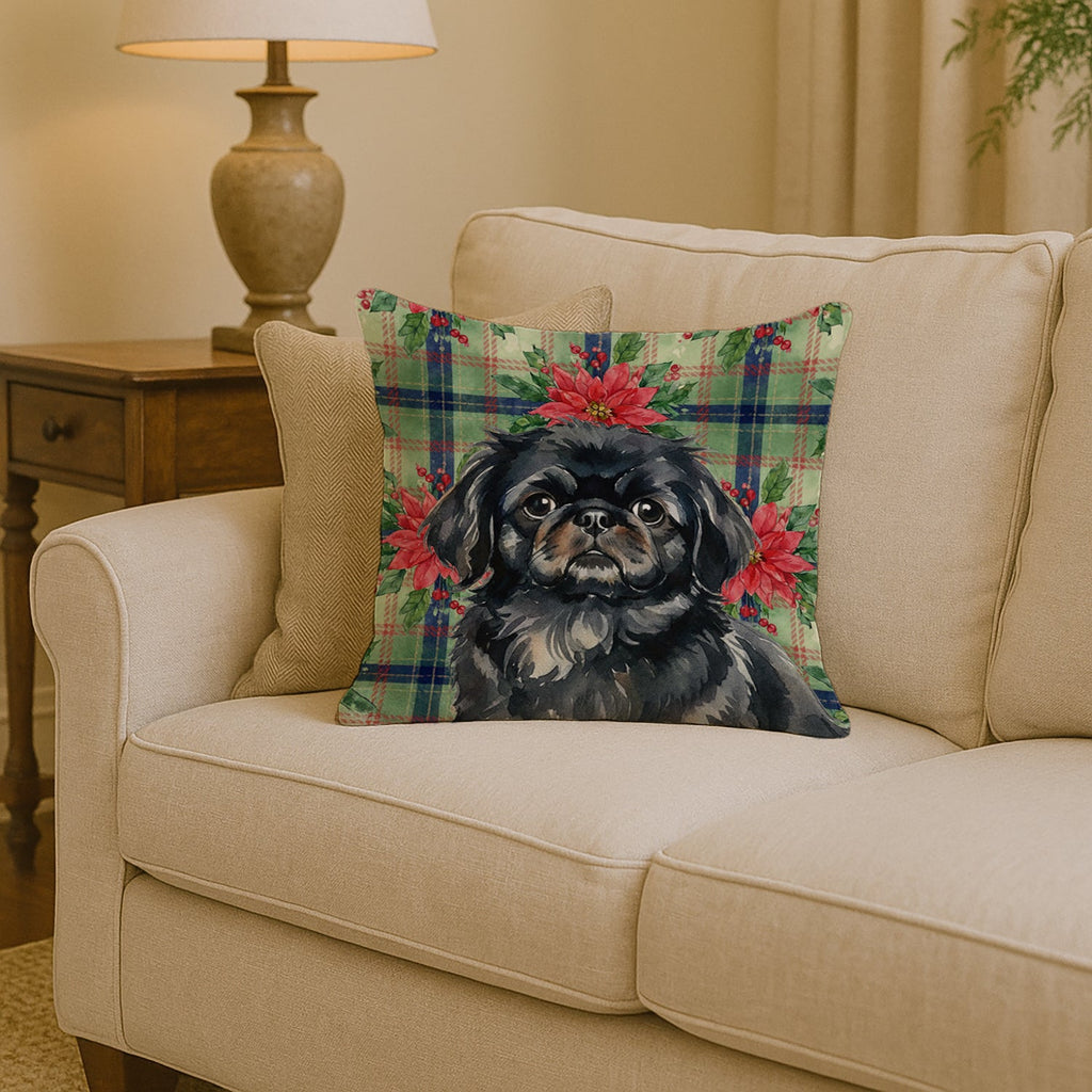 Black Pekingese Christmas PoinsettIas Decorative Throw Pillow 14x14 Indoor Outdoor Accent Cushion, Fabric Cover with Insert for Sofa, Bed, Porch & Living Room