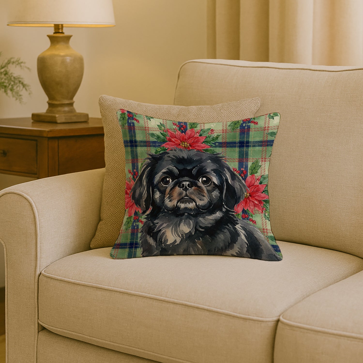 Black Pekingese Christmas PoinsettIas Decorative Throw Pillow 18x18 Indoor Outdoor Accent Cushion, Fabric Cover with Insert for Sofa, Bed, Porch & Living Room