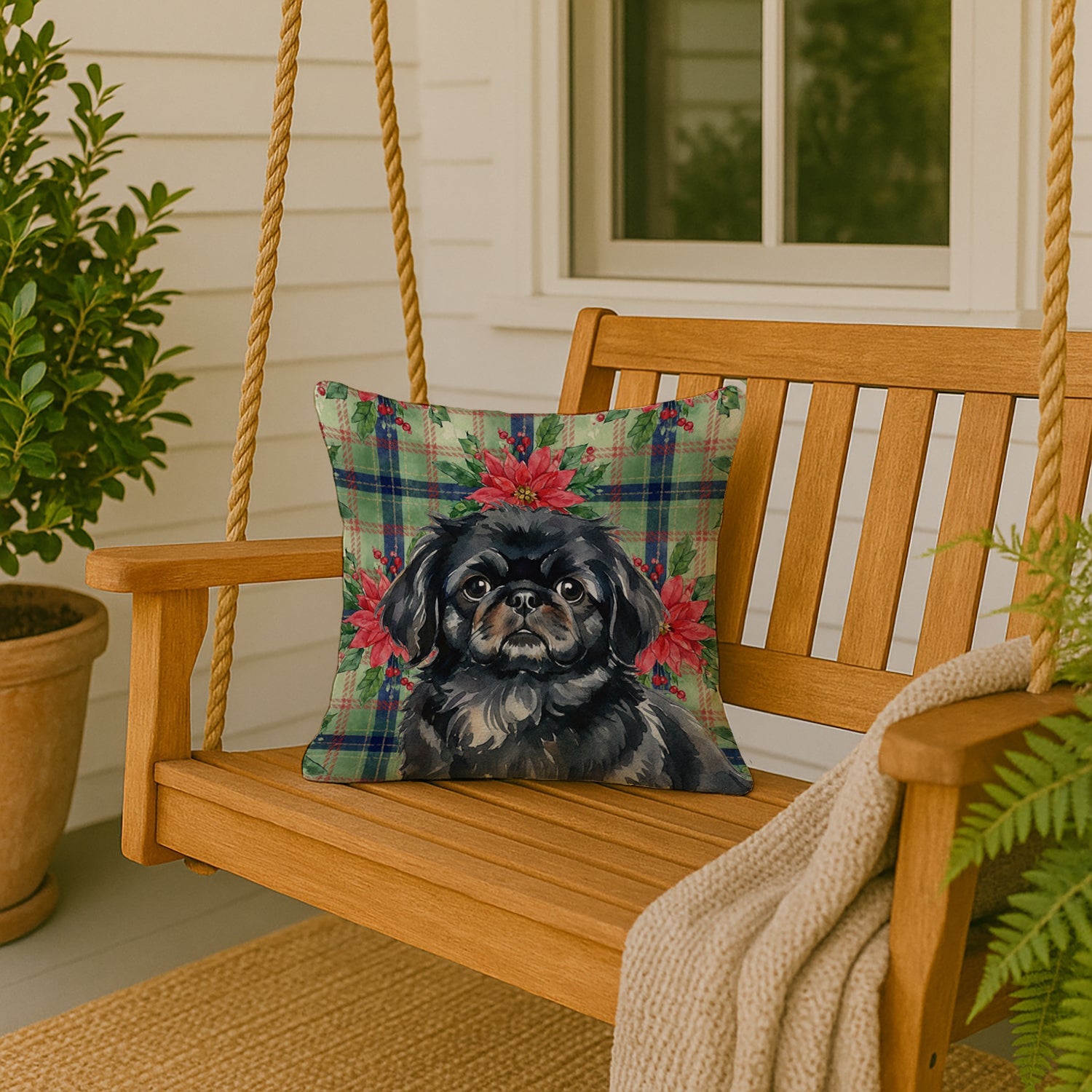 Black Pekingese Christmas PoinsettIas Decorative Throw Pillow 18x18 Indoor Outdoor Accent Cushion, Fabric Cover with Insert for Sofa, Bed, Porch & Living Room