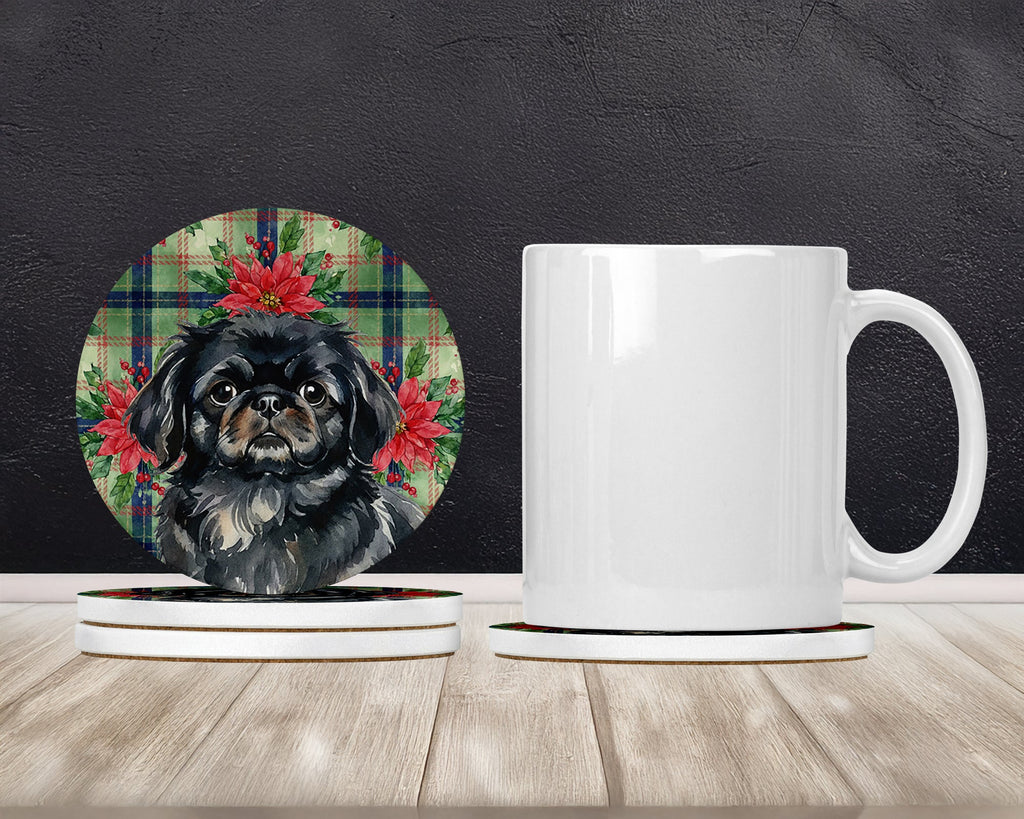 Black Pekingese Christmas PoinsettIas Large Sandstone Coasters Pack of 4 Absorbent Round Coasters Decor Gifts for Men or Women, 4 in, Multicolor