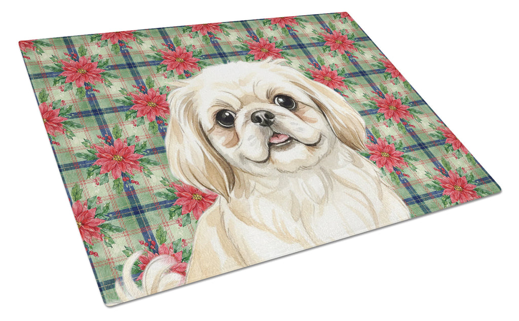 Cream Pekingese Christmas PoinsettIas Cutting Board Tempered Glass Kitchen Cutting Surface, Heat Resistant Chopping, Non-Slip Feet, Food Prep & Serving