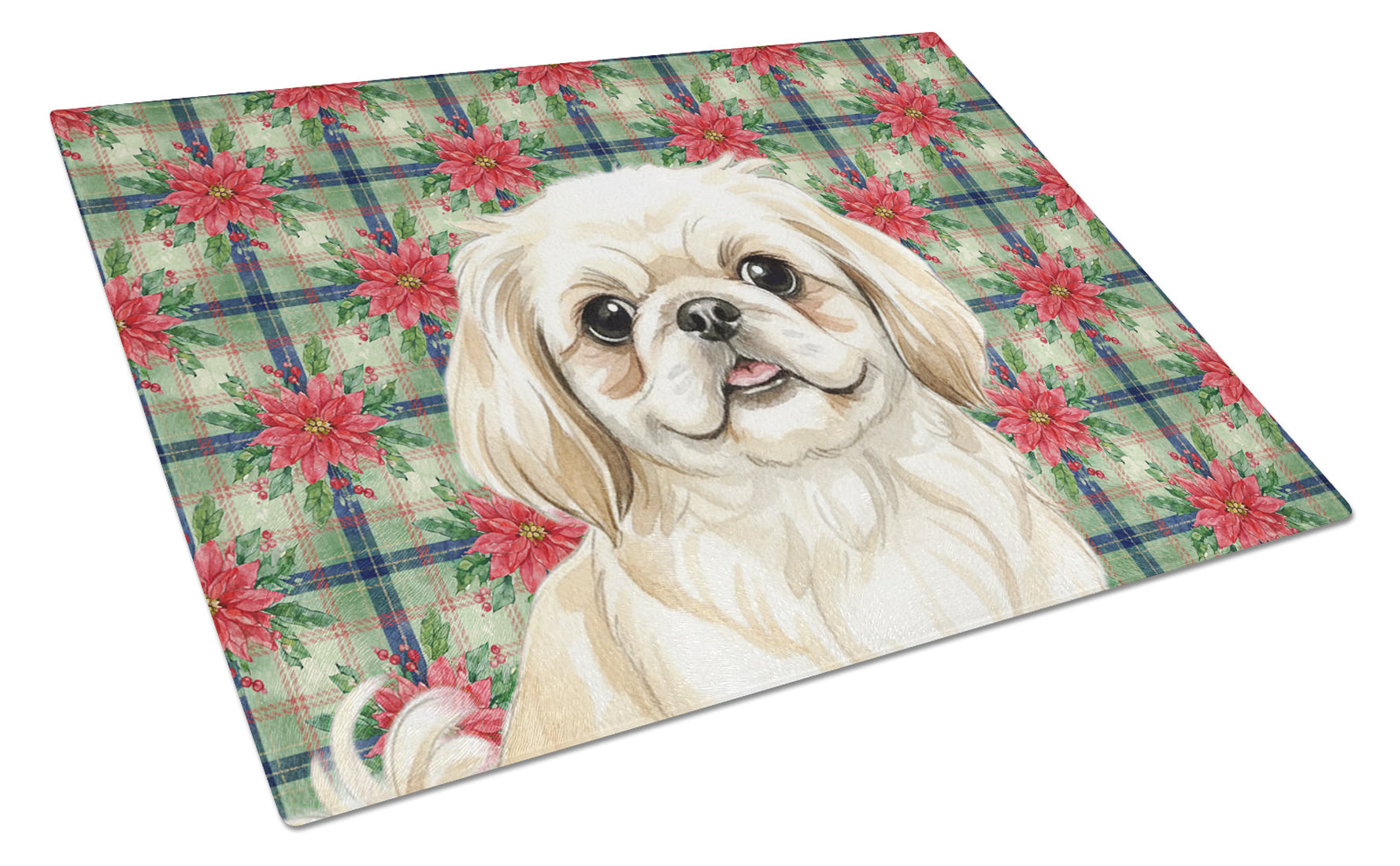 Cream Pekingese Christmas PoinsettIas Cutting Board Tempered Glass Kitchen Cutting Surface, Heat Resistant Chopping, Non-Slip Feet, Food Prep & Serving