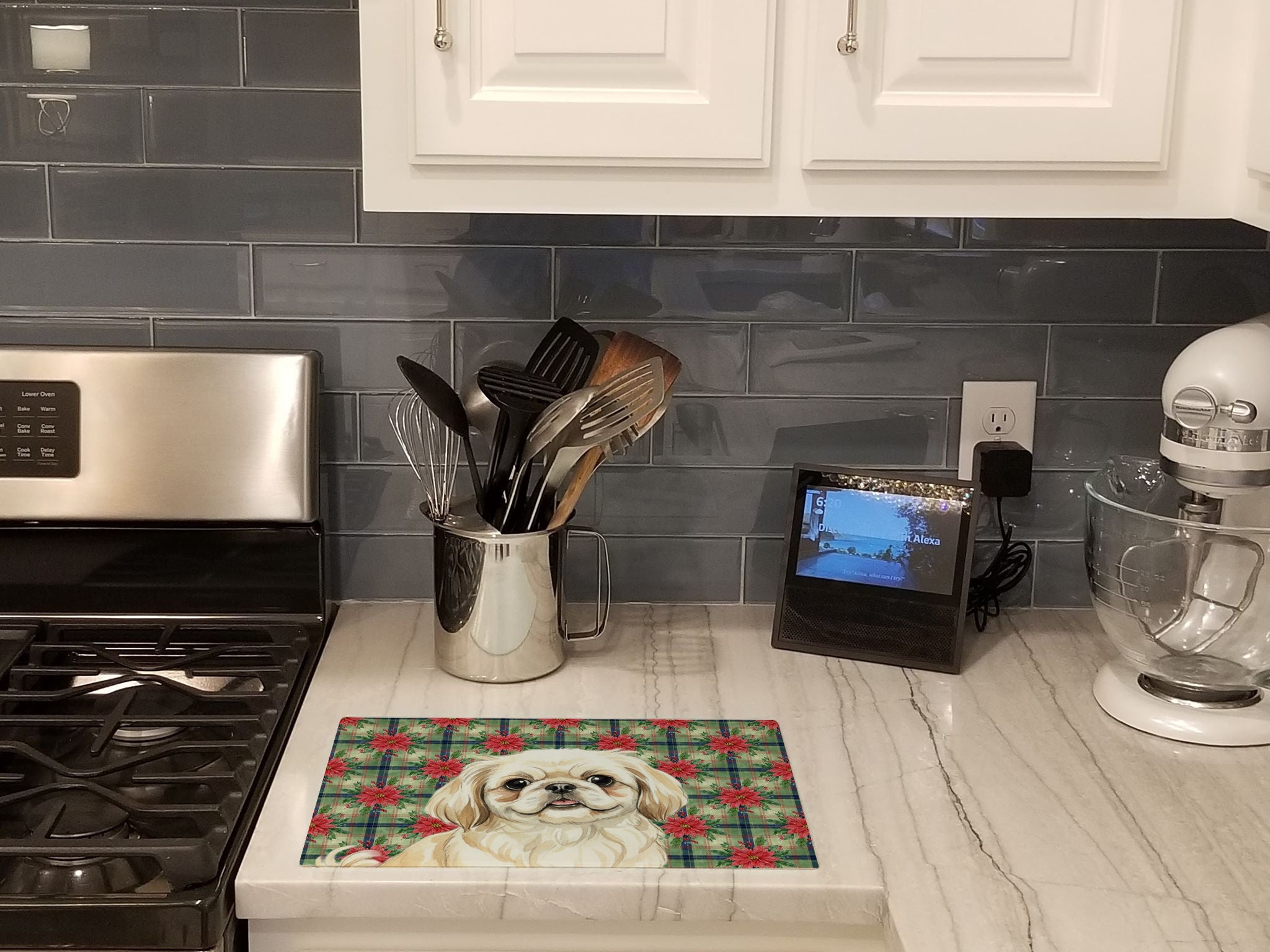 Cream Pekingese Christmas PoinsettIas Cutting Board Tempered Glass Kitchen Cutting Surface, Heat Resistant Chopping, Non-Slip Feet, Food Prep & Serving