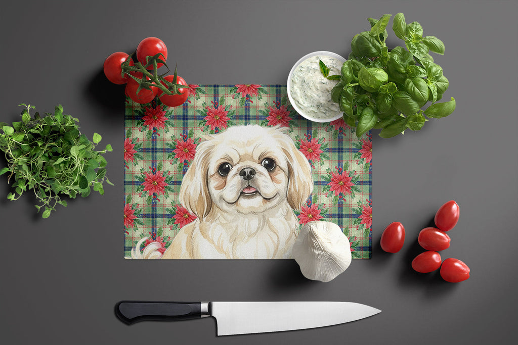 Cream Pekingese Christmas PoinsettIas Cutting Board Tempered Glass Kitchen Cutting Surface, Heat Resistant Chopping, Non-Slip Feet, Food Prep & Serving