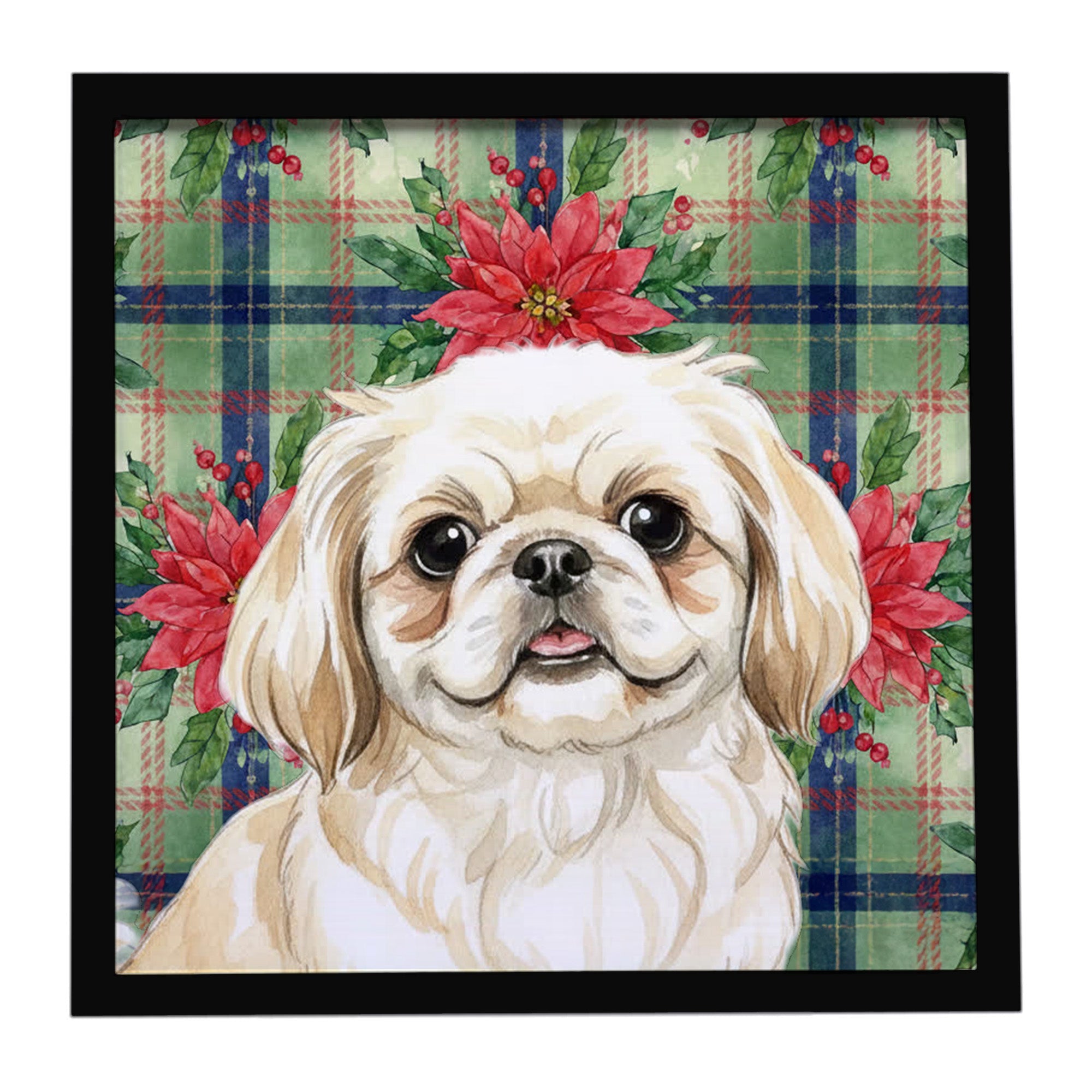 Cream Pekingese Christmas PoinsettIas Framed Metal Print Bathroom, Kitchen, Office, Home Decor Wall Art Ready to Hang, Square, 8X8