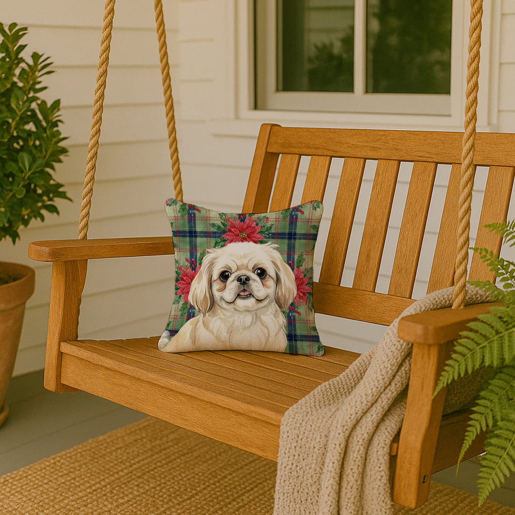 Cream Pekingese Christmas PoinsettIas Decorative Throw Pillow 14x14 Indoor Outdoor Accent Cushion, Fabric Cover with Insert for Sofa, Bed, Porch & Living Room