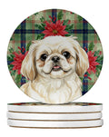 Cream Pekingese Christmas PoinsettIas Large Sandstone Coasters Pack of 4 Absorbent Round Coasters Decor Gifts for Men or Women, 4 in, Multicolor