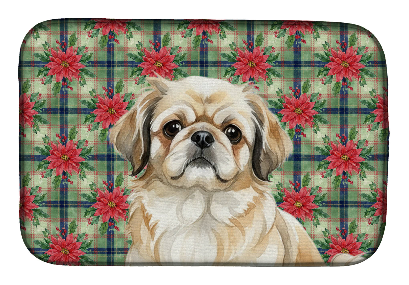 Fawn Pekingese Christmas PoinsettIas Dish Drying Mat Absorbent Dish Drying Mat Pad for Kitchen Counter Dish Drainer Mat for Countertop, 14 x 21", Multicolor