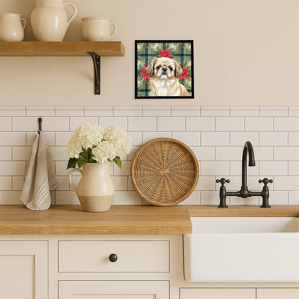 Fawn Pekingese Christmas PoinsettIas Framed Metal Print Bathroom, Kitchen, Office, Home Decor Wall Art Ready to Hang, Square, 8X8
