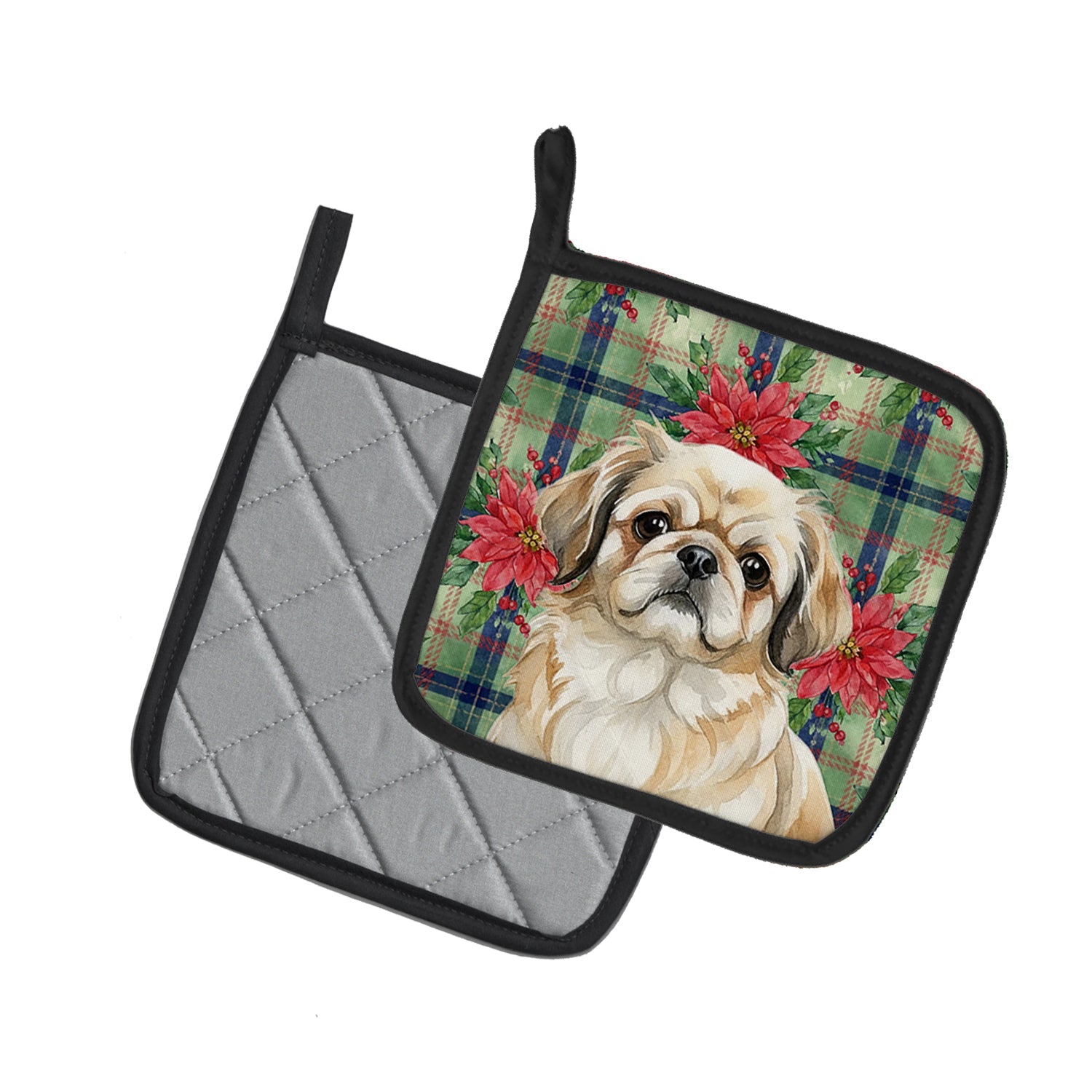 Fawn Pekingese Christmas PoinsettIas Pot Holder Set of 2 Heat Resistant Quilted Hot Pads 7.5 x 7.5 Inch, Insulated Kitchen Trivets for Cooking & Baking