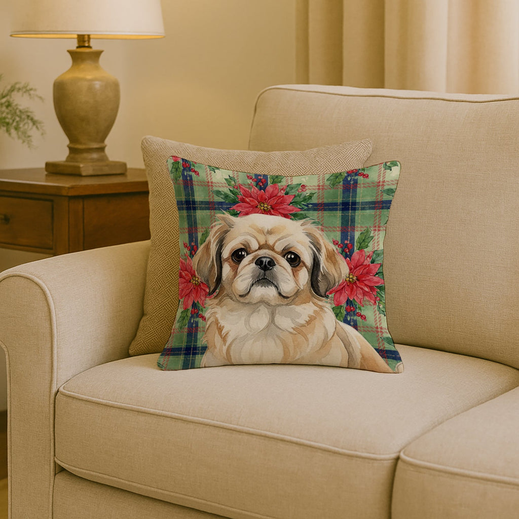 Fawn Pekingese Christmas PoinsettIas Decorative Throw Pillow 18x18 Indoor Outdoor Accent Cushion, Fabric Cover with Insert for Sofa, Bed, Porch & Living Room