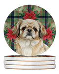 Fawn Pekingese Christmas PoinsettIas Large Sandstone Coasters Pack of 4 Absorbent Round Coasters Decor Gifts for Men or Women, 4 in, Multicolor