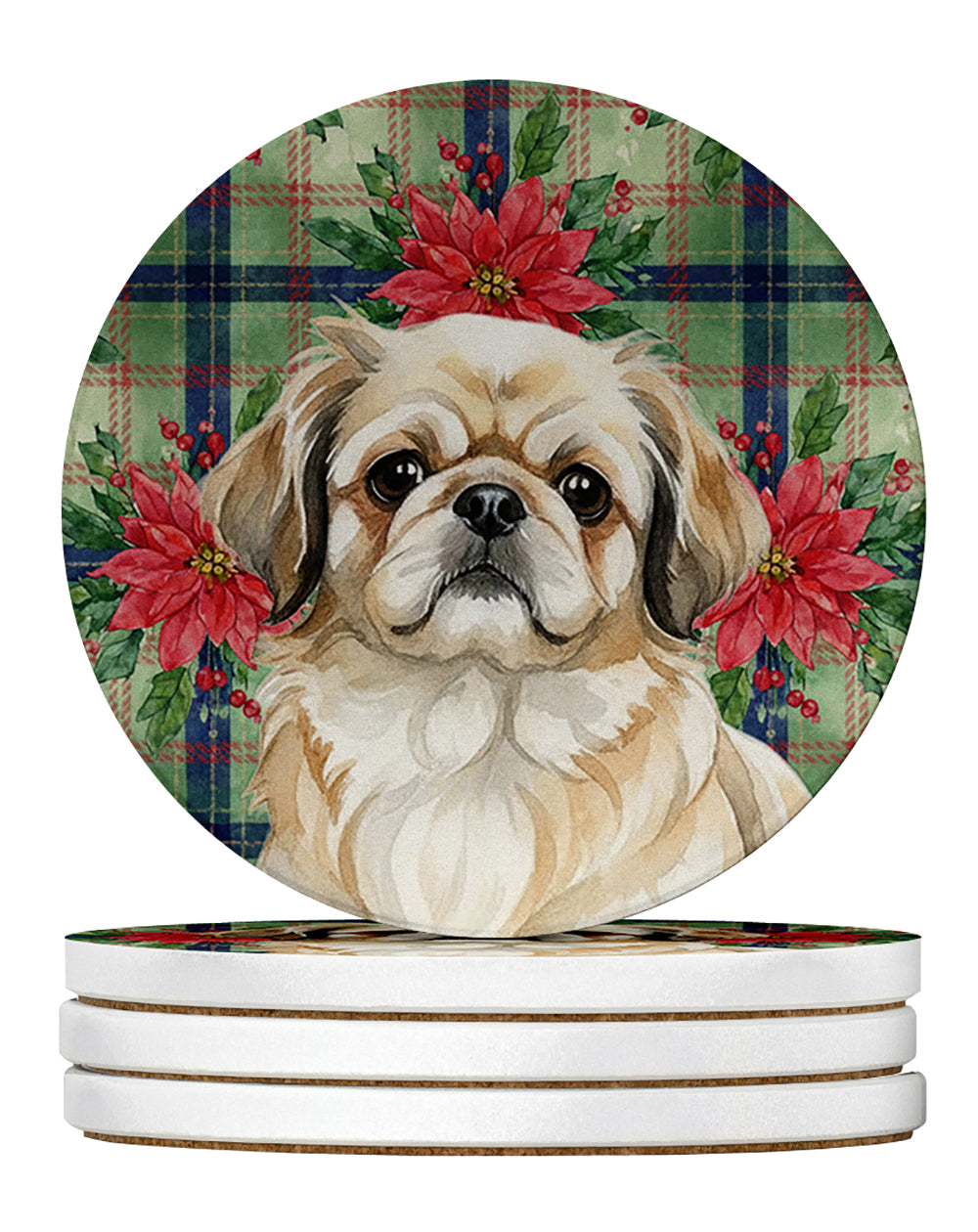 Fawn Pekingese Christmas PoinsettIas Large Sandstone Coasters Pack of 4 Absorbent Round Coasters Decor Gifts for Men or Women, 4 in, Multicolor