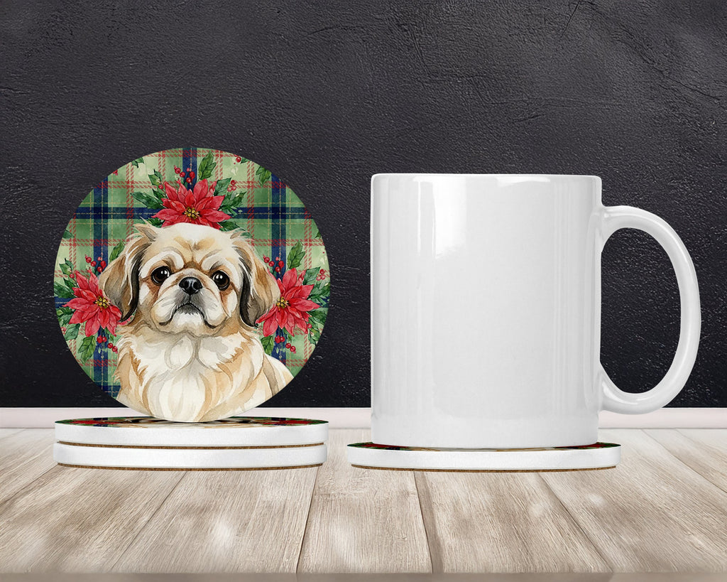 Fawn Pekingese Christmas PoinsettIas Large Sandstone Coasters Pack of 4 Absorbent Round Coasters Decor Gifts for Men or Women, 4 in, Multicolor