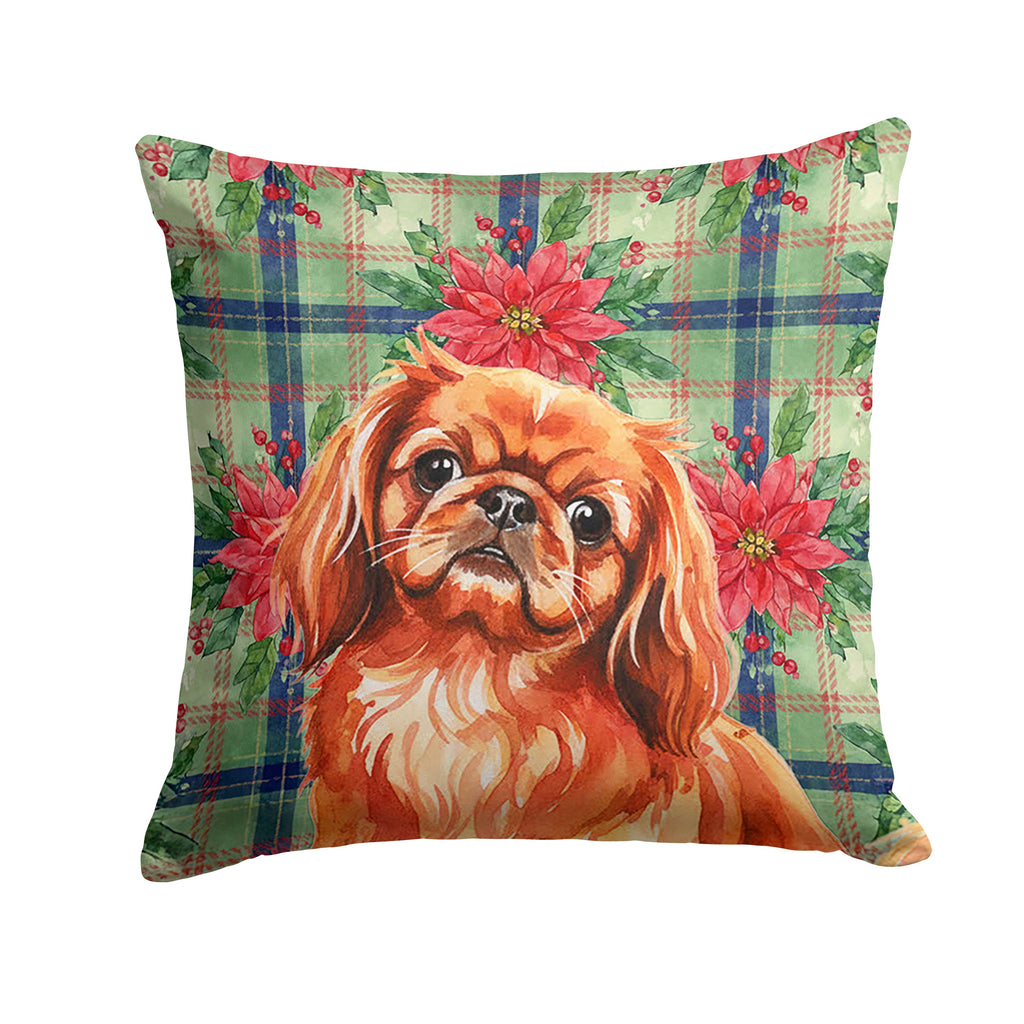 Red Pekingese Christmas PoinsettIas Decorative Throw Pillow 18x18 Indoor Outdoor Accent Cushion, Fabric Cover with Insert for Sofa, Bed, Porch & Living Room