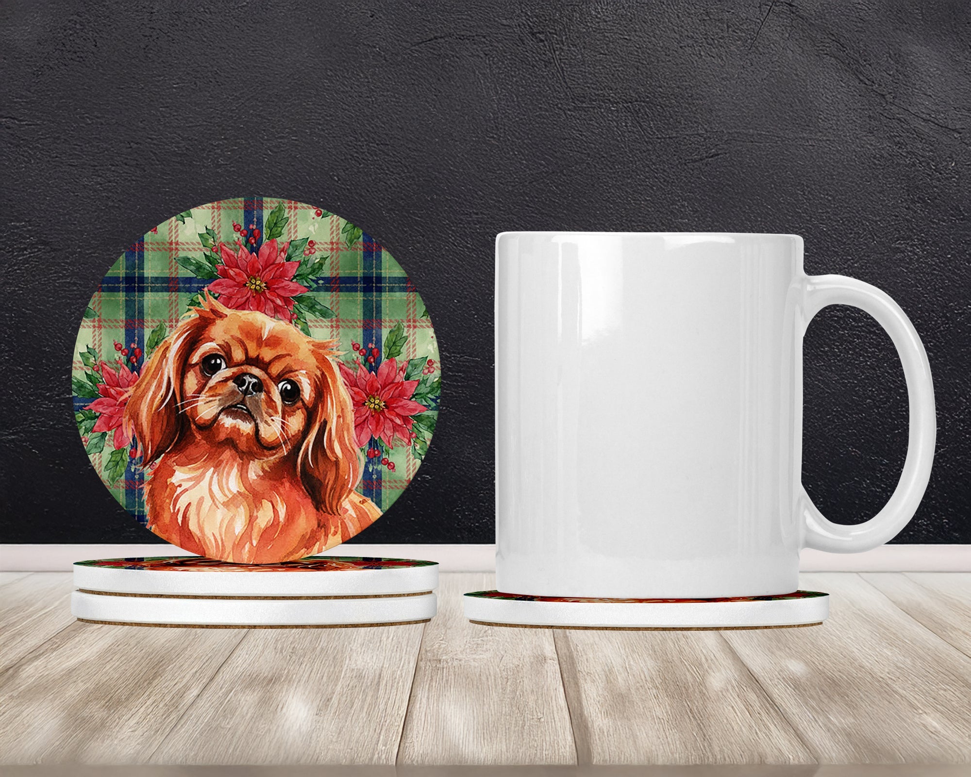 Red Pekingese Christmas PoinsettIas Large Sandstone Coasters Pack of 4 Absorbent Round Coasters Decor Gifts for Men or Women, 4 in, Multicolor