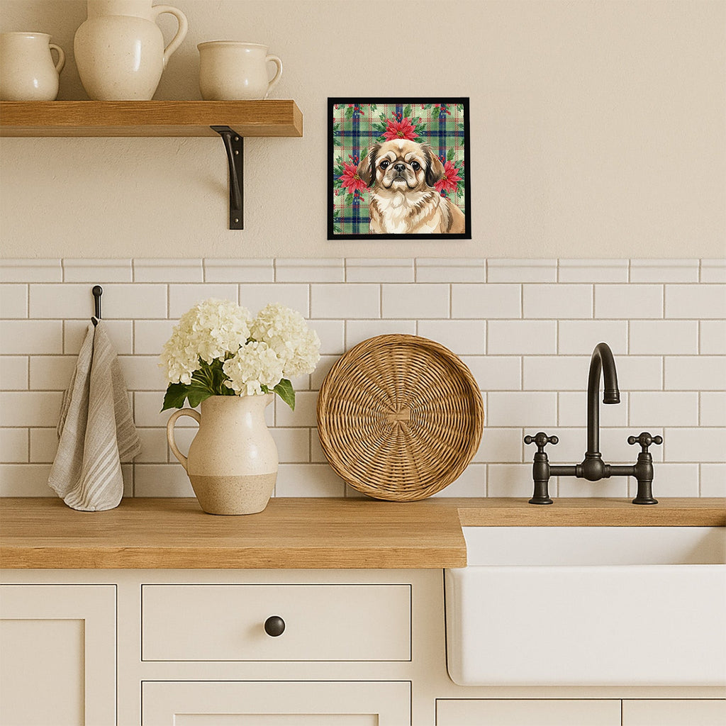 Sable Pekingese Christmas PoinsettIas Framed Metal Print Bathroom, Kitchen, Office, Home Decor Wall Art Ready to Hang, Square, 8X8