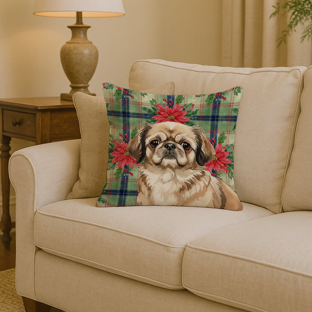 Sable Pekingese Christmas PoinsettIas Decorative Throw Pillow 14x14 Indoor Outdoor Accent Cushion, Fabric Cover with Insert for Sofa, Bed, Porch & Living Room