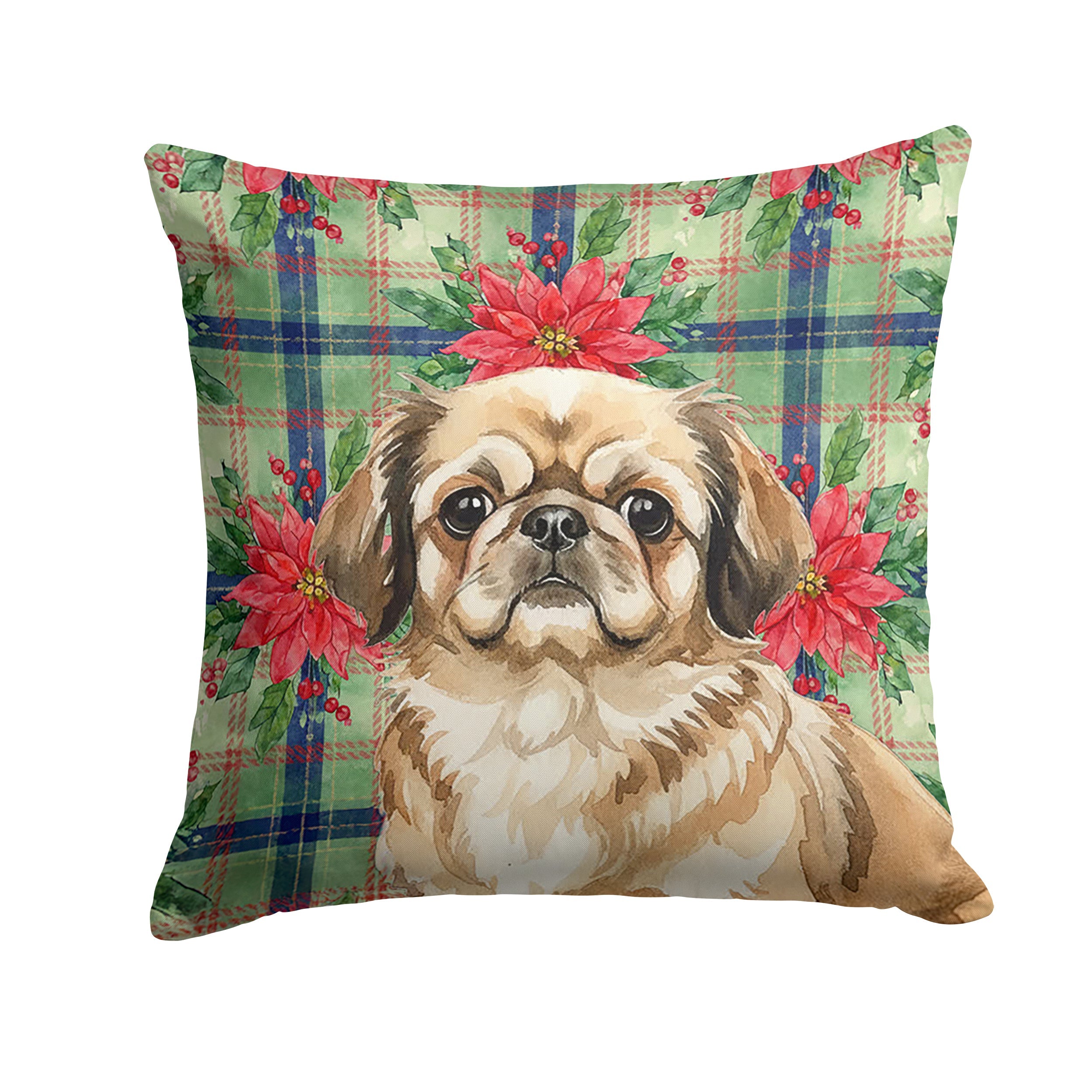 Sable Pekingese Christmas PoinsettIas Decorative Throw Pillow 18x18 Indoor Outdoor Accent Cushion, Fabric Cover with Insert for Sofa, Bed, Porch & Living Room