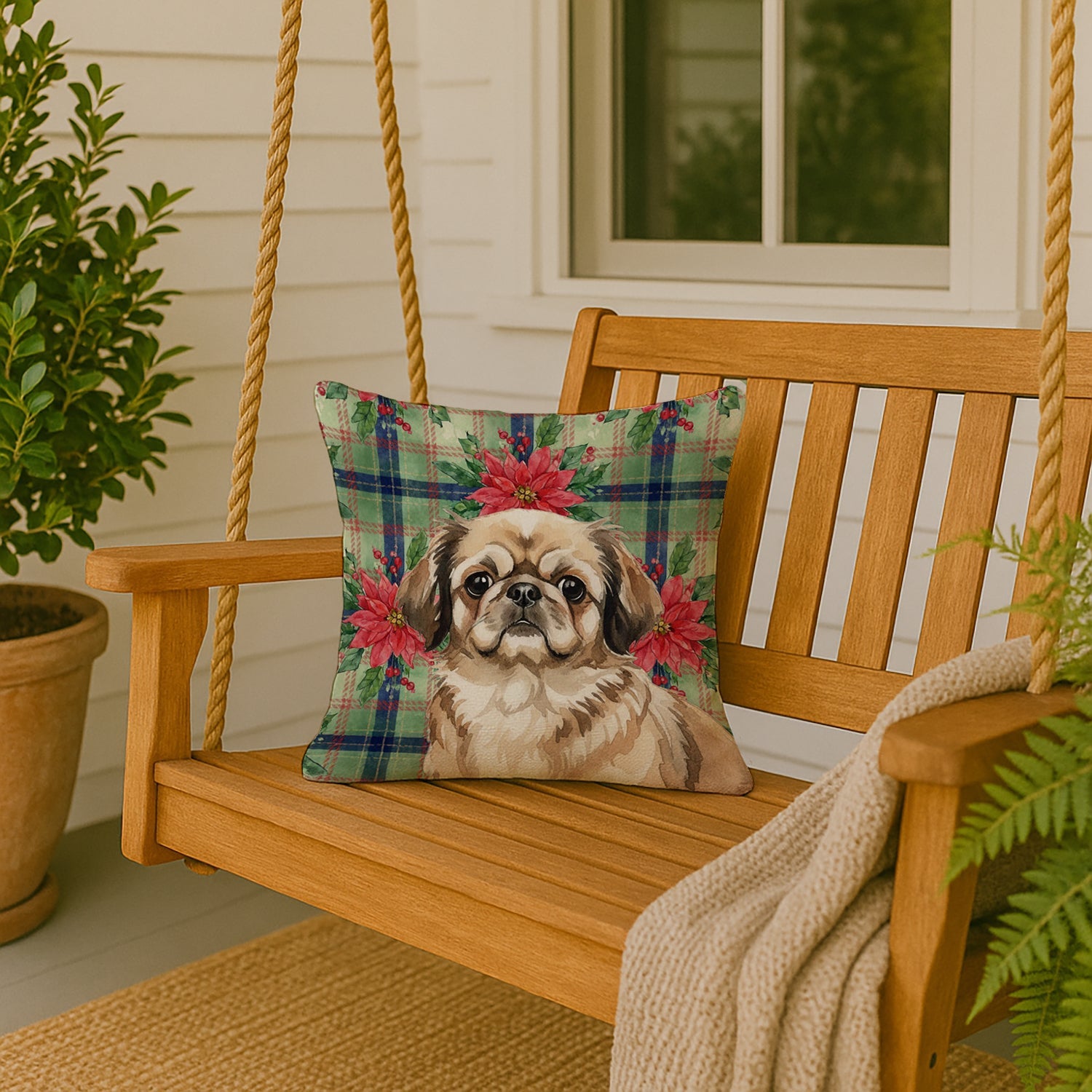 Sable Pekingese Christmas PoinsettIas Decorative Throw Pillow 18x18 Indoor Outdoor Accent Cushion, Fabric Cover with Insert for Sofa, Bed, Porch & Living Room