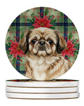 Sable Pekingese Christmas PoinsettIas Large Sandstone Coasters Pack of 4 Absorbent Round Coasters Decor Gifts for Men or Women, 4 in, Multicolor